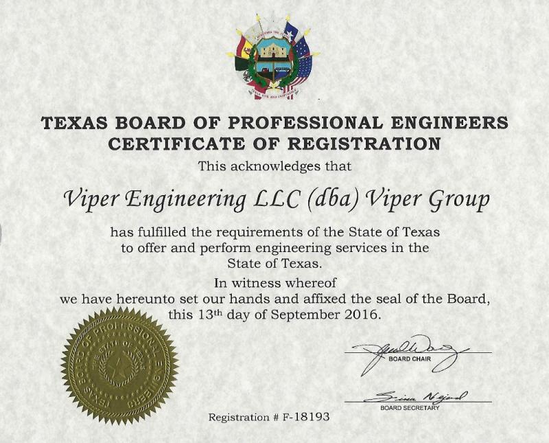 Texas Board of Professional Engineers Certificate of Registration